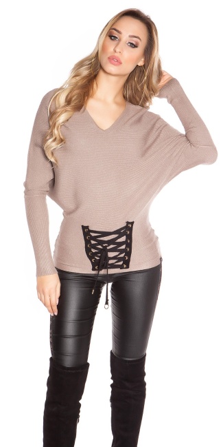 Trendy bat sweater with lacing Cappuccino